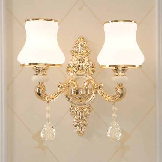 Gold Corridor Wall Light with Opaline Glass Shade and Crystal Accent
