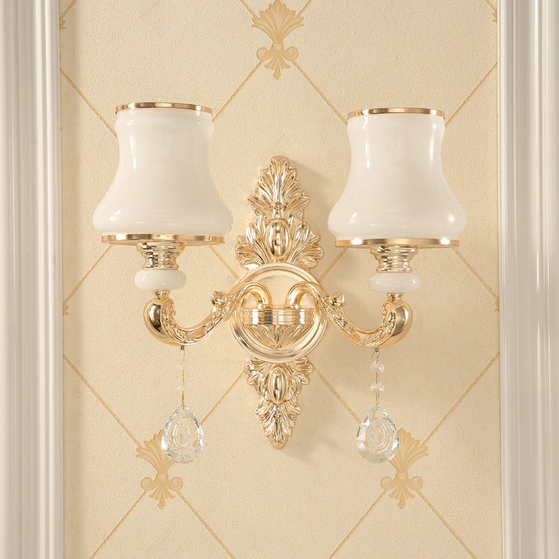 Gold Corridor Wall Light with Opaline Glass Shade and Crystal Accent