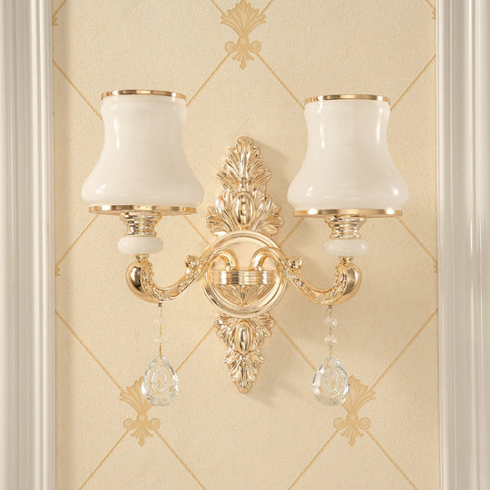 Gold Corridor Wall Light with Opaline Glass Shade and Crystal Accent
