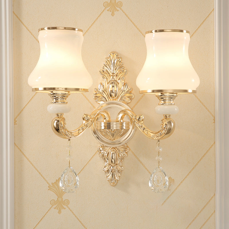 Gold Corridor Wall Light with Opaline Glass Shade and Crystal Accent