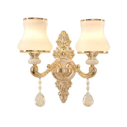 Gold Corridor Wall Light with Opaline Glass Shade and Crystal Accent