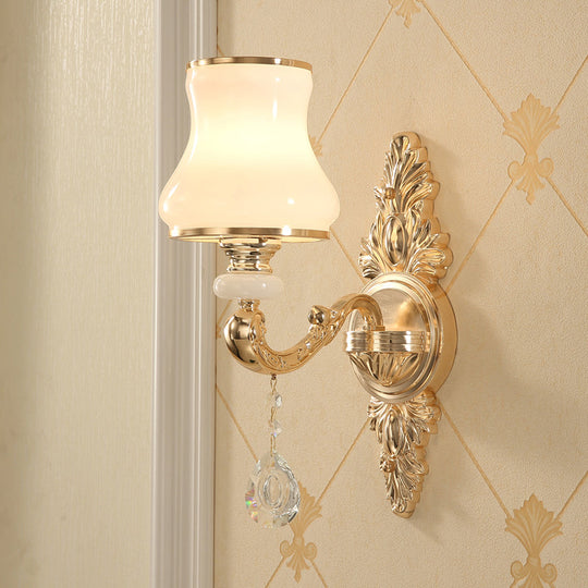 Gold Corridor Wall Light with Opaline Glass Shade and Crystal Accent