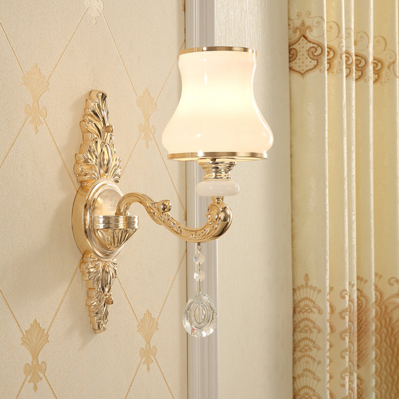 Gold Corridor Wall Light with Opaline Glass Shade and Crystal Accent