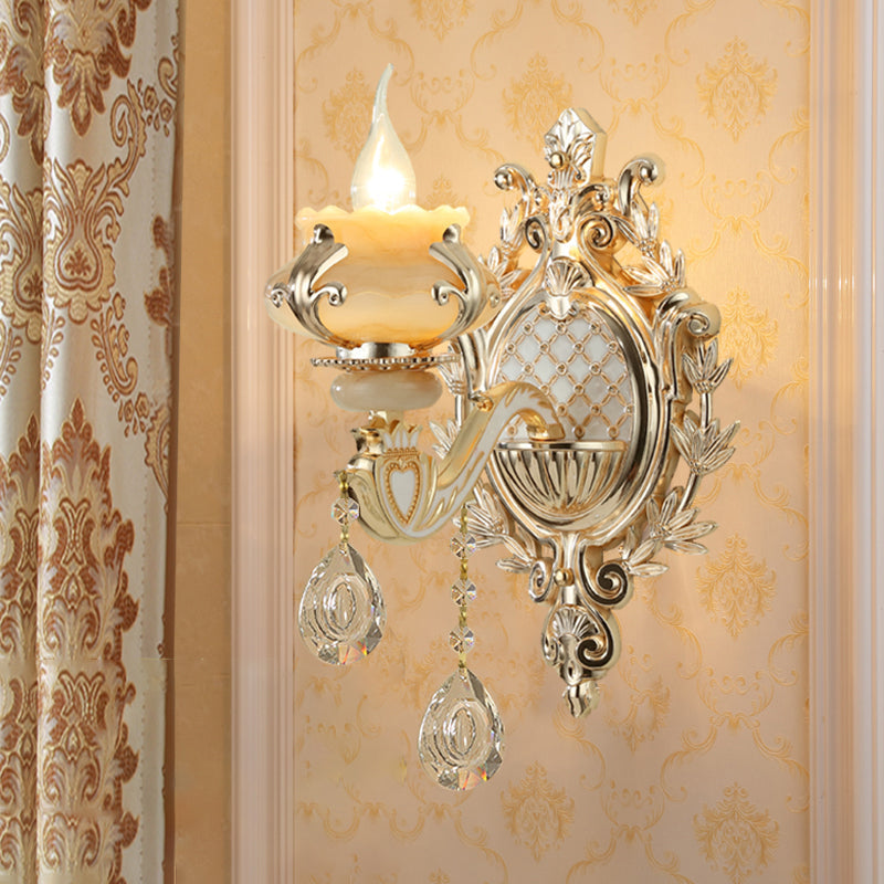 Antique Gold Jade Floral Wall Light with Crystal Accent - Elegant Living Room Lighting Fixture