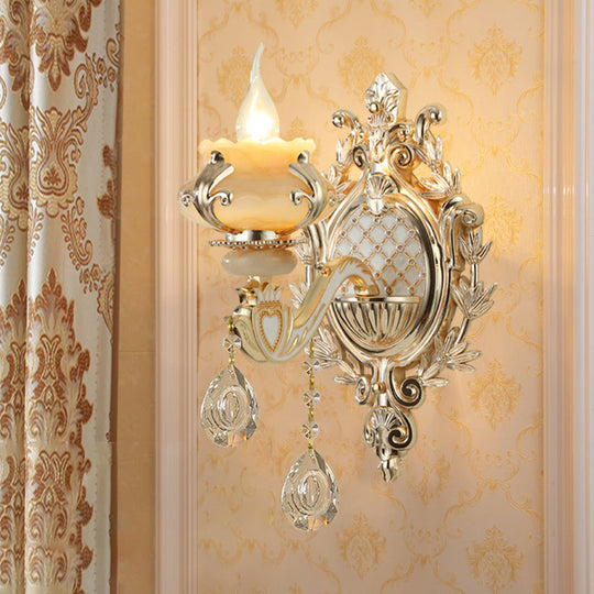 Antique Gold Jade Floral Wall Light with Crystal Accent - Elegant Living Room Lighting Fixture