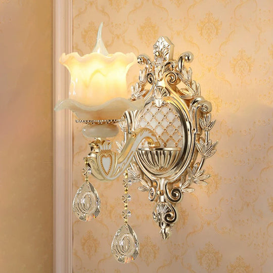 Antique Gold Jade Floral Wall Light with Crystal Accent - Elegant Living Room Lighting Fixture