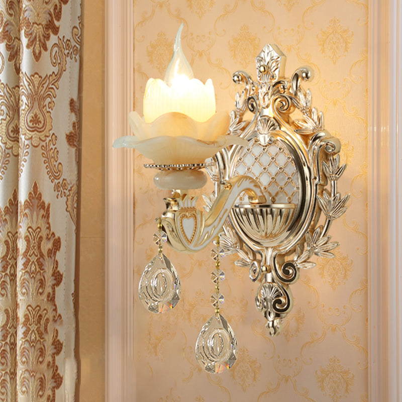 Antique Gold Jade Floral Wall Light with Crystal Accent - Elegant Living Room Lighting Fixture