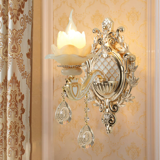 Antique Gold Jade Floral Wall Light with Crystal Accent - Elegant Living Room Lighting Fixture