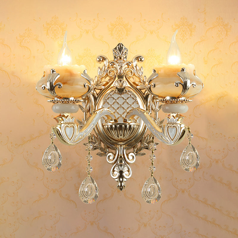 Antique Gold Jade Floral Wall Light with Crystal Accent - Elegant Living Room Lighting Fixture