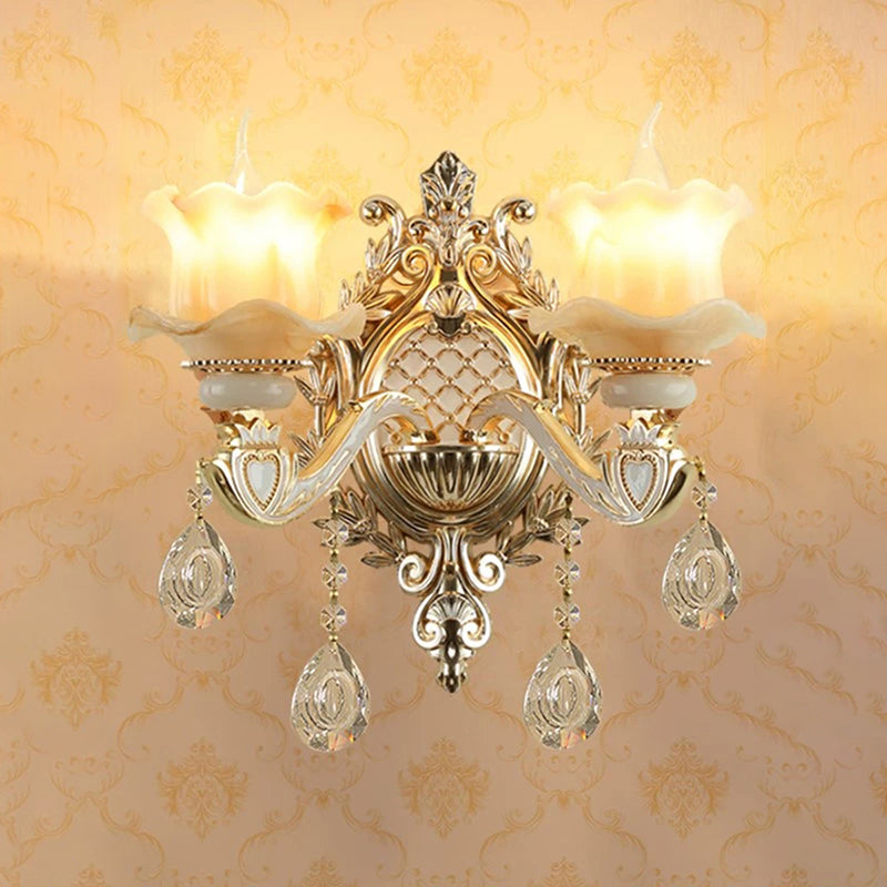 Antique Gold Jade Floral Wall Light with Crystal Accent - Elegant Living Room Lighting Fixture