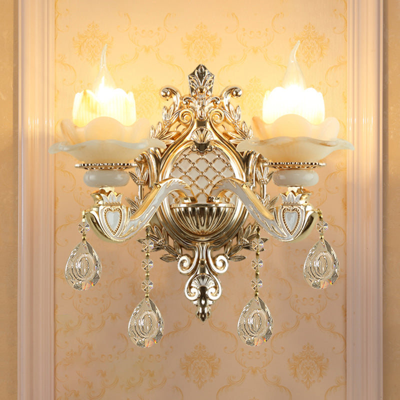 Antique Gold Jade Floral Wall Light with Crystal Accent - Elegant Living Room Lighting Fixture
