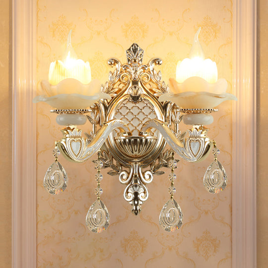 Antique Gold Jade Floral Wall Light with Crystal Accent - Elegant Living Room Lighting Fixture