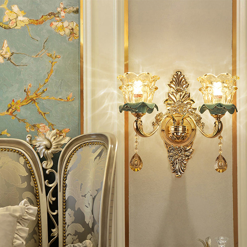 Retro Glass Gold Ruffle Flower Wall Mount Light with Crystal Draping