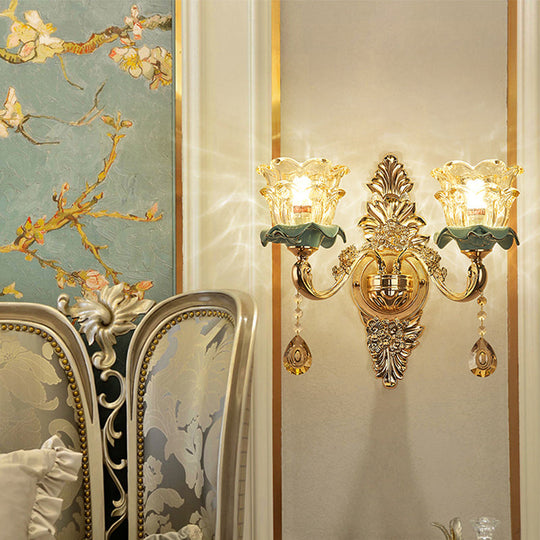 Retro Glass Gold Ruffle Flower Wall Mount Light with Crystal Draping