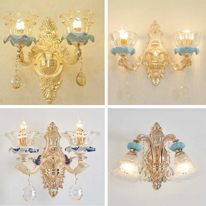 Retro Glass Gold Ruffle Flower Wall Mount Light with Crystal Draping