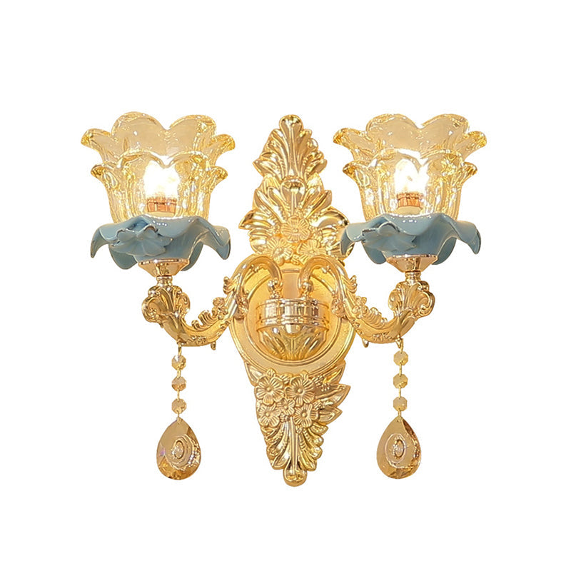 Retro Glass Gold Ruffle Flower Wall Mount Light with Crystal Draping
