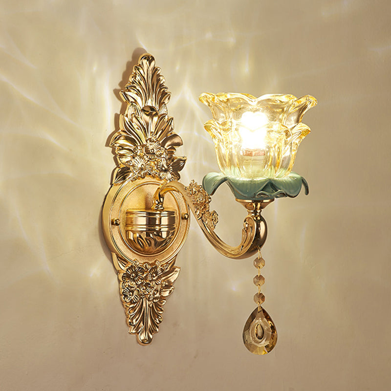 Retro Glass Gold Ruffle Flower Wall Mount Light with Crystal Draping