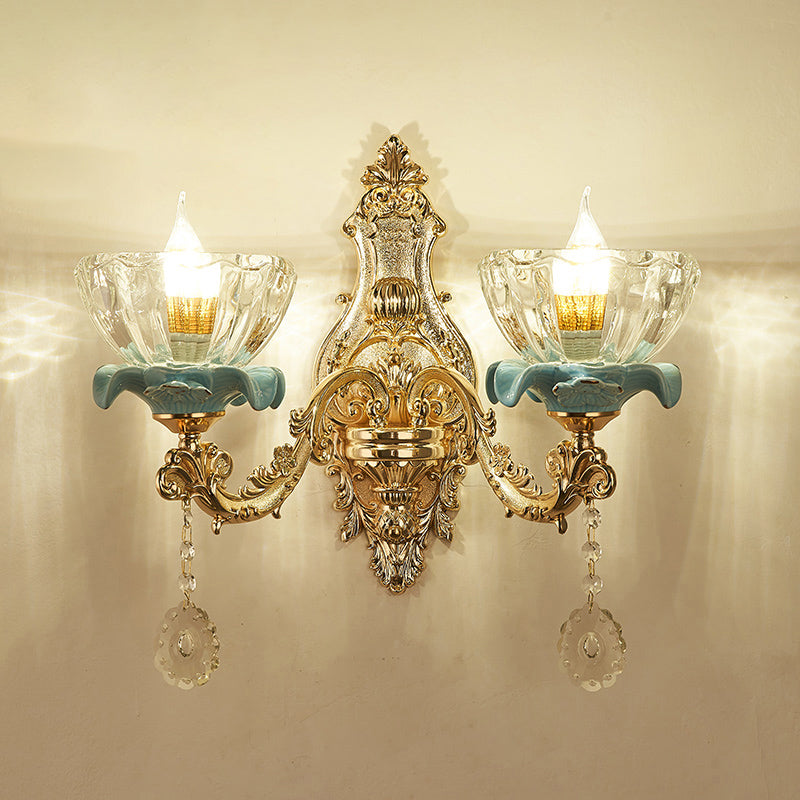 Retro Glass Gold Ruffle Flower Wall Mount Light with Crystal Draping