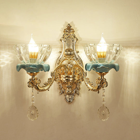 Retro Glass Gold Ruffle Flower Wall Mount Light with Crystal Draping