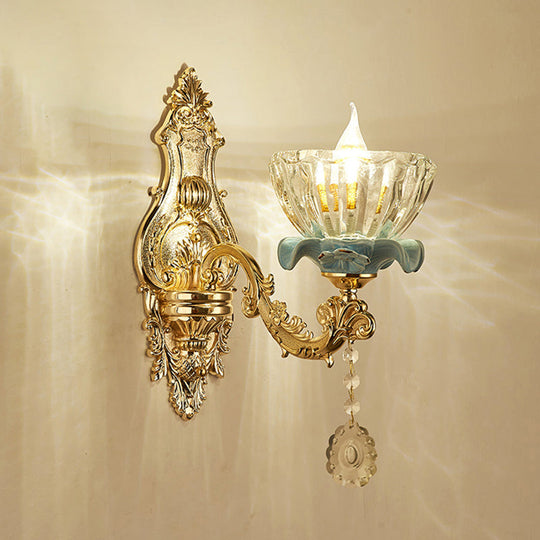 Retro Glass Gold Ruffle Flower Wall Mount Light with Crystal Draping