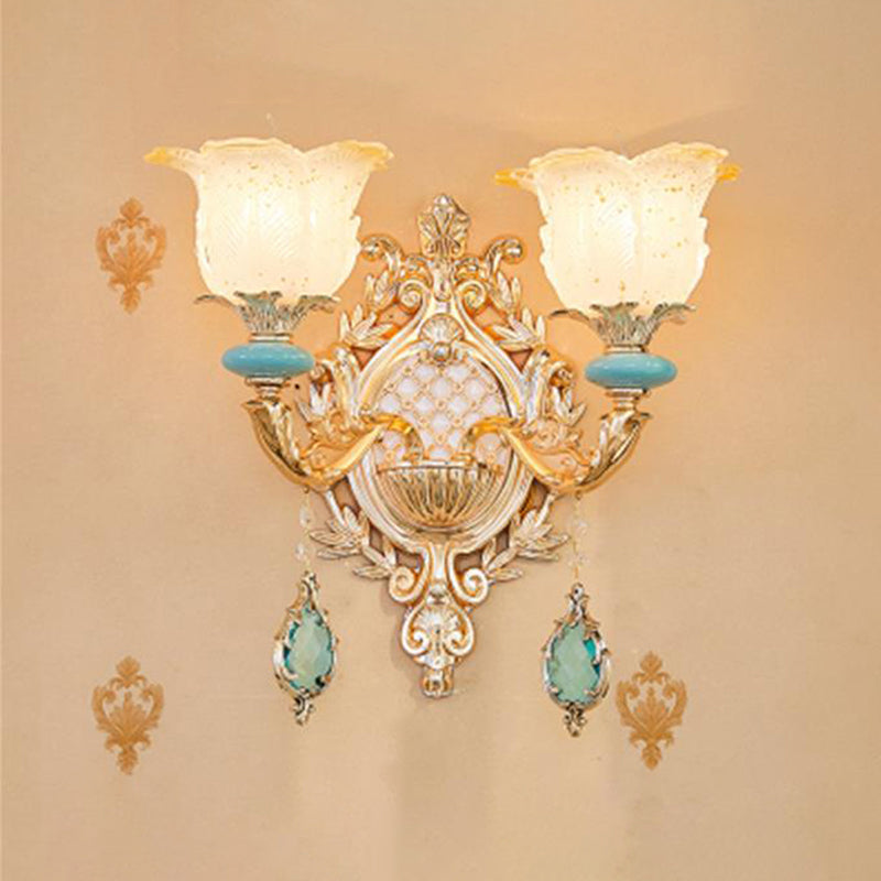 Retro Glass Gold Ruffle Flower Wall Mount Light with Crystal Draping