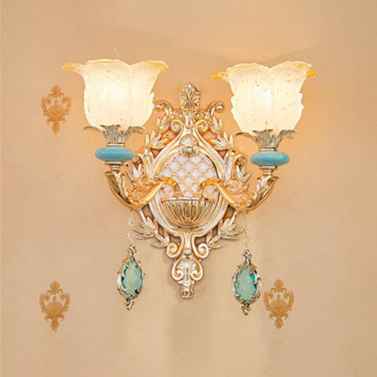 Retro Glass Gold Ruffle Flower Wall Mount Light with Crystal Draping