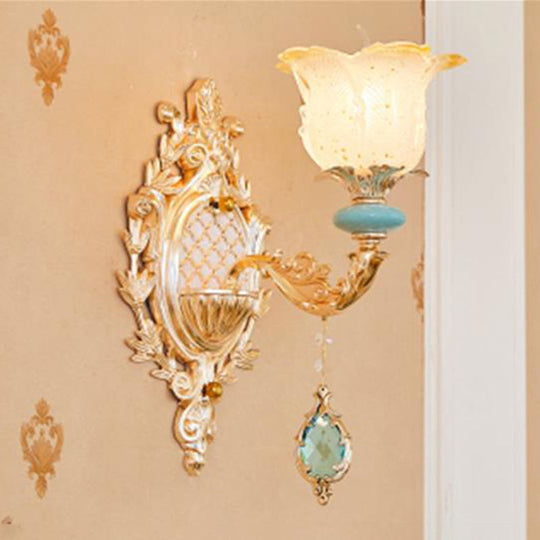 Retro Glass Gold Ruffle Flower Wall Mount Light with Crystal Draping