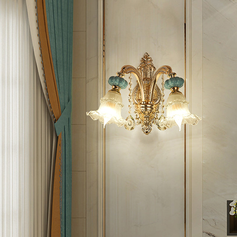 Retro Glass Gold Ruffle Flower Wall Mount Light with Crystal Draping