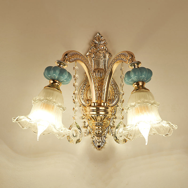 Retro Glass Gold Ruffle Flower Wall Mount Light with Crystal Draping