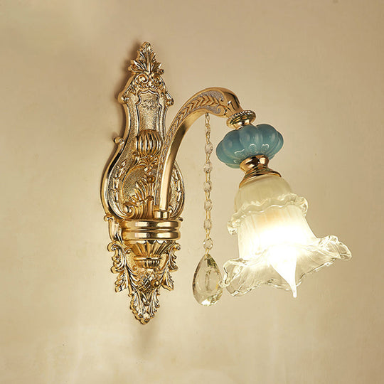Retro Glass Gold Ruffle Flower Wall Mount Light with Crystal Draping