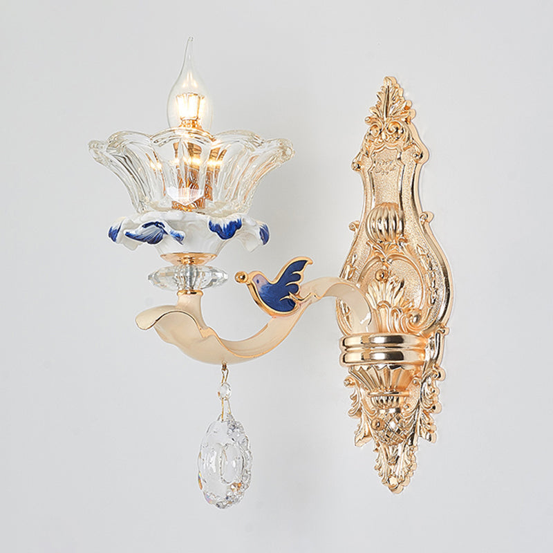 Retro Glass Gold Ruffle Flower Wall Mount Light with Crystal Draping