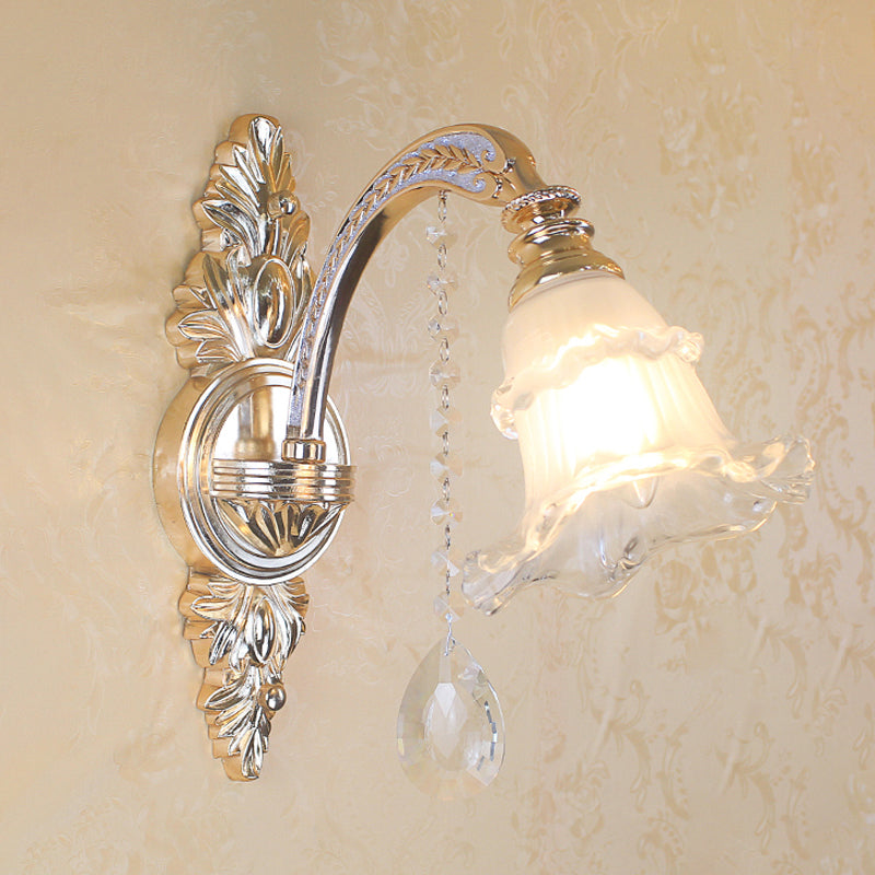 Gold Floral Wall Lamp - Retro Style Frosted Glass Wall Light Fixture with Crystal Accent - Perfect for Living Room