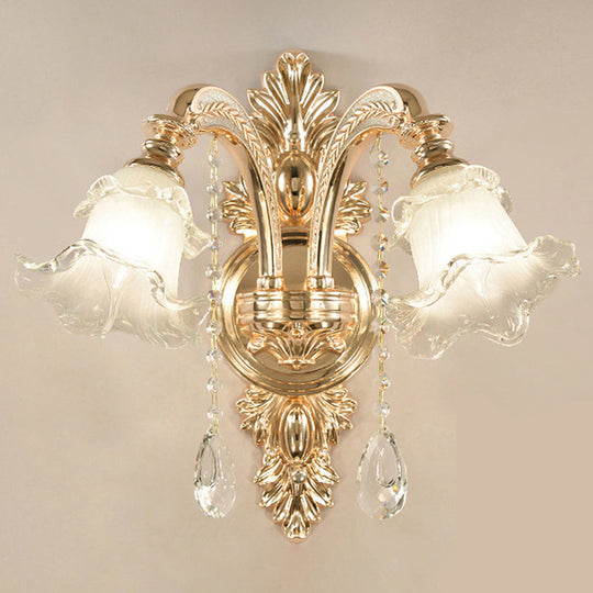 Gold Floral Wall Lamp - Retro Style Frosted Glass Wall Light Fixture with Crystal Accent - Perfect for Living Room