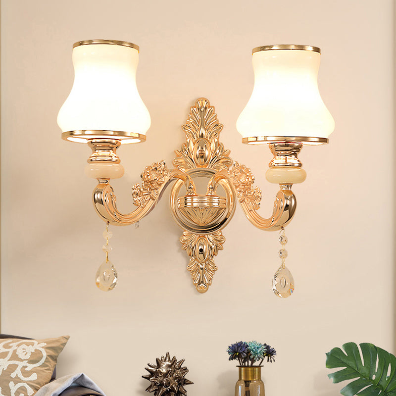 Gold Floral Wall Lamp - Retro Style Frosted Glass Wall Light Fixture with Crystal Accent - Perfect for Living Room