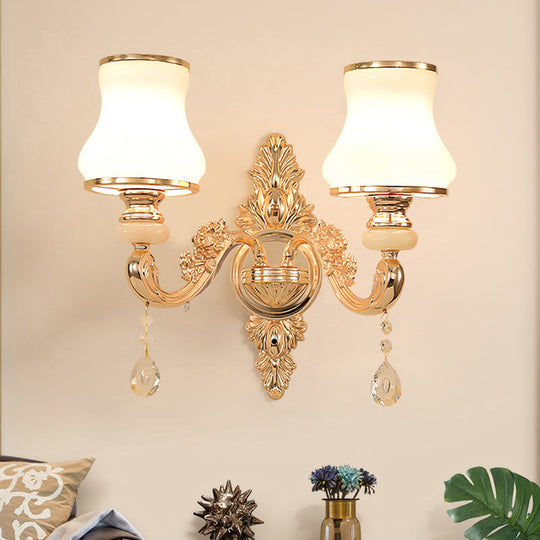 Gold Floral Wall Lamp - Retro Style Frosted Glass Wall Light Fixture with Crystal Accent - Perfect for Living Room