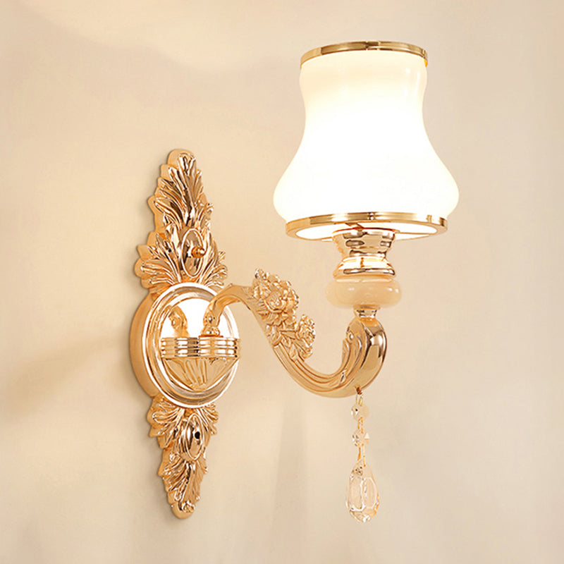 Gold Floral Wall Lamp - Retro Style Frosted Glass Wall Light Fixture with Crystal Accent - Perfect for Living Room