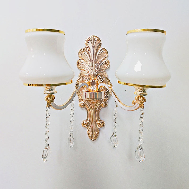 Gold Floral Wall Lamp - Retro Style Frosted Glass Wall Light Fixture with Crystal Accent - Perfect for Living Room