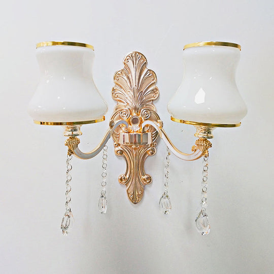 Gold Floral Wall Lamp - Retro Style Frosted Glass Wall Light Fixture with Crystal Accent - Perfect for Living Room