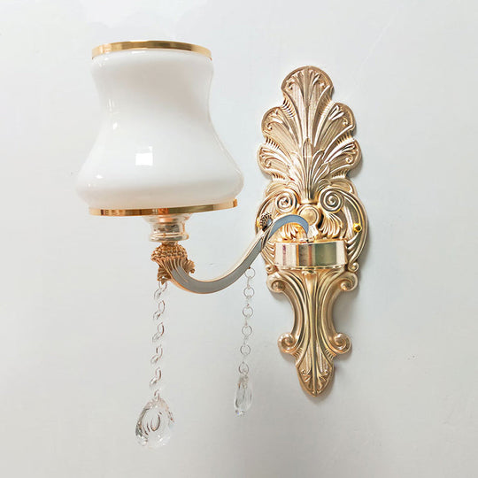 Gold Floral Wall Lamp - Retro Style Frosted Glass Wall Light Fixture with Crystal Accent - Perfect for Living Room
