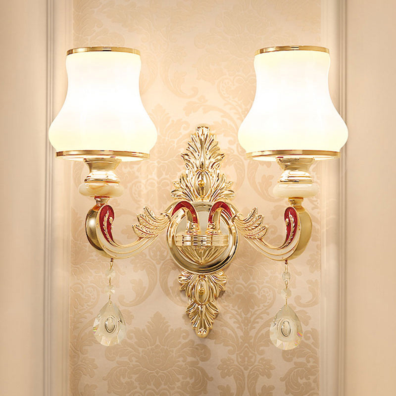 Gold Floral Wall Lamp - Retro Style Frosted Glass Wall Light Fixture with Crystal Accent - Perfect for Living Room