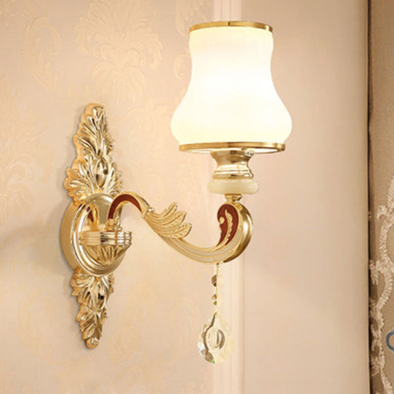 Gold Floral Wall Lamp - Retro Style Frosted Glass Wall Light Fixture with Crystal Accent - Perfect for Living Room