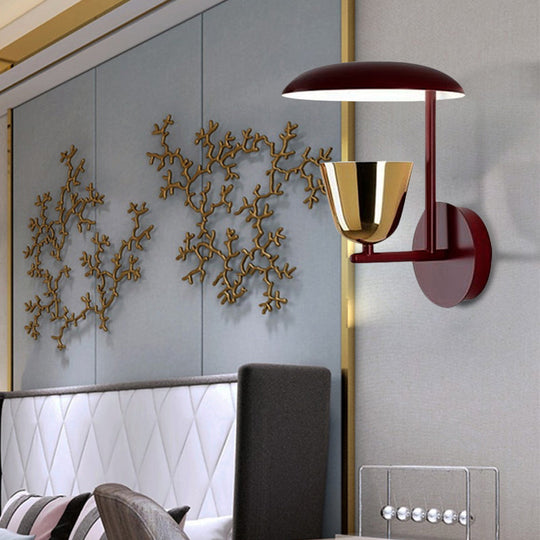 Contemporary Black Wall Sconce with Metallic Disc Shade and Brass Bowl - Bedroom Light Fixture