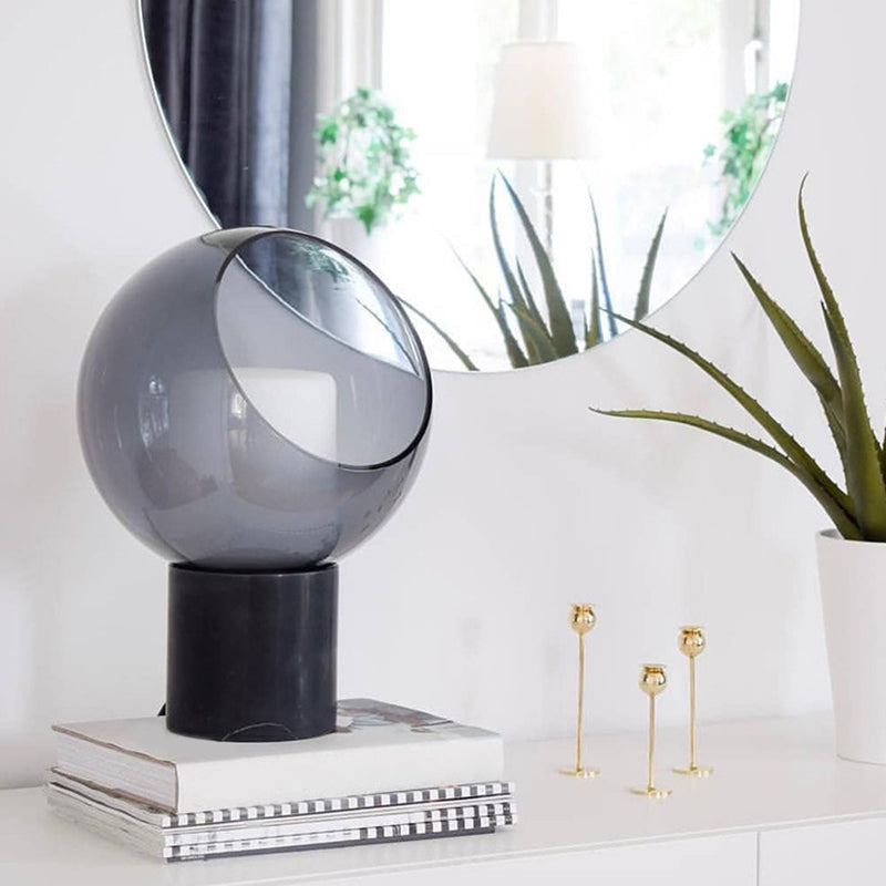 Black LED Table Lamp with Marble Base and Smoked Globe Glass Shade - Postmodern Nightstand Light
