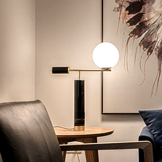 Sleek Opal Glass Sphere Table Lamp: Minimalistic 1-Light Bedside Lighting with Marble Base