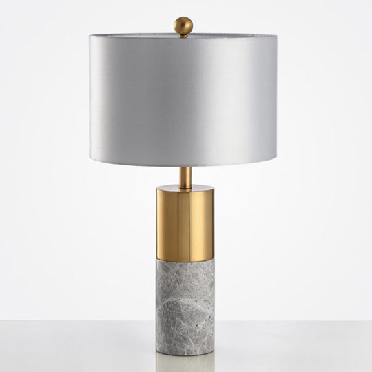 Minimalistic Round Bedside Lamp: Fabric 1-Light Table Light, Cylindrical Marble Base