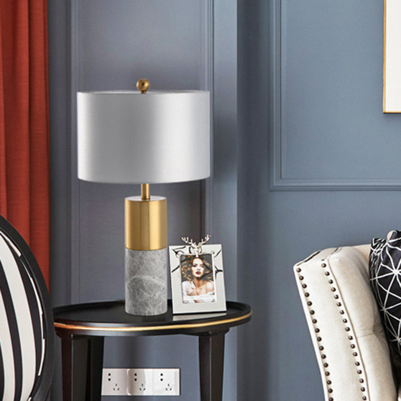 Minimalistic Round Bedside Lamp: Fabric 1-Light Table Light, Cylindrical Marble Base