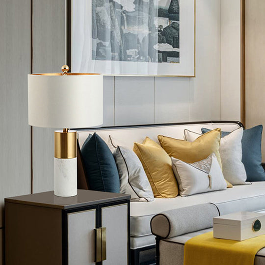 Minimalistic Round Bedside Lamp: Fabric 1-Light Table Light, Cylindrical Marble Base