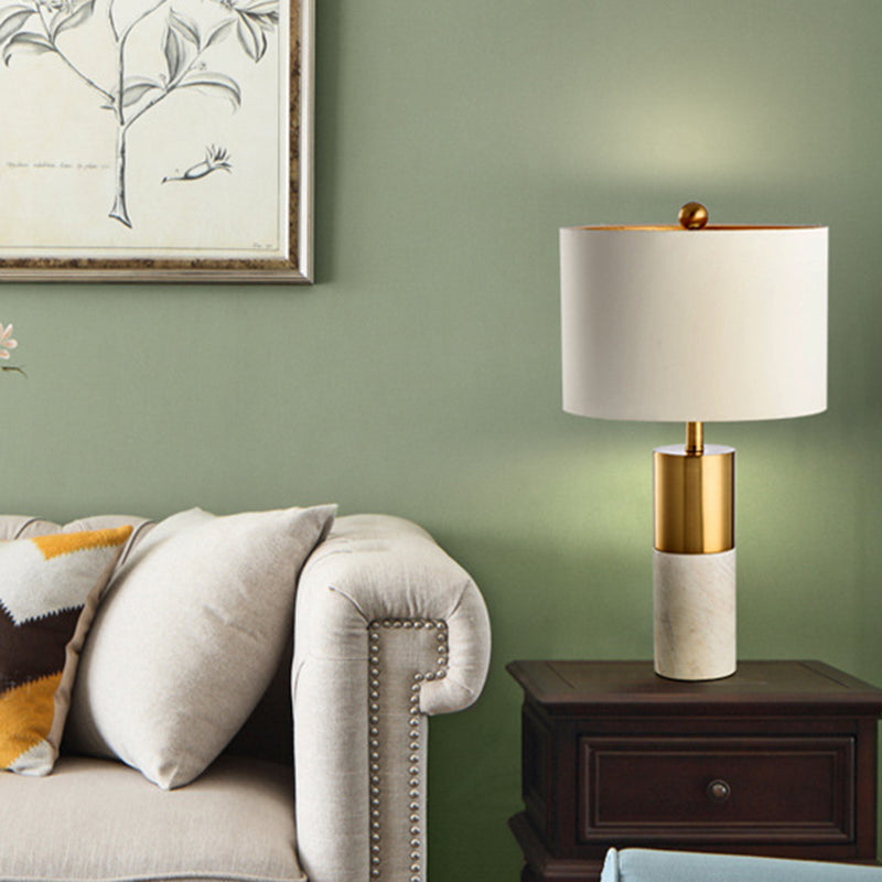 Minimalistic Round Bedside Lamp: Fabric 1-Light Table Light, Cylindrical Marble Base