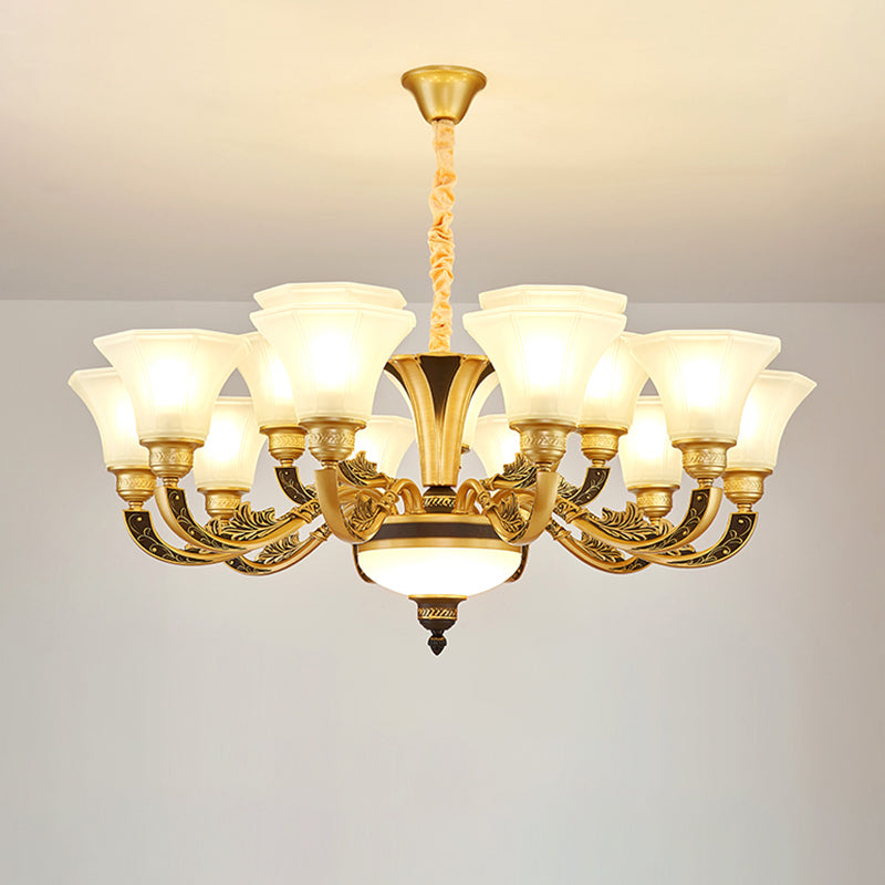 Vintage Flared Suspension Chandelier for Living Room - Cream Frosted Glass Light