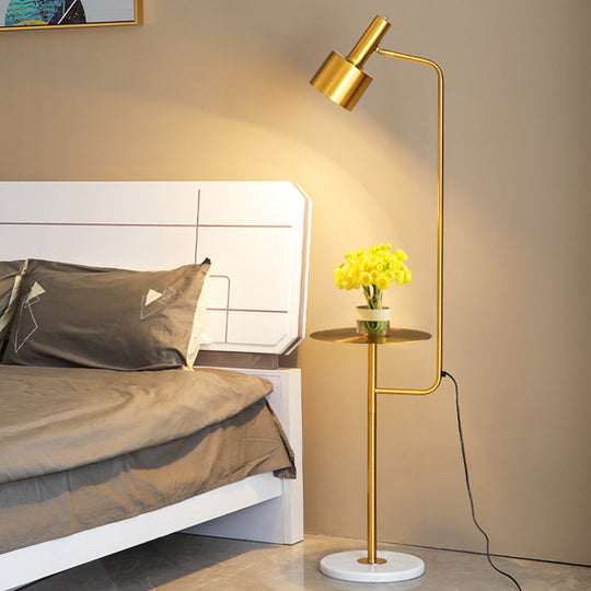 Modern Metallic Floor Lamp with Tray and Marble Base - Sleek Bedside Lighting